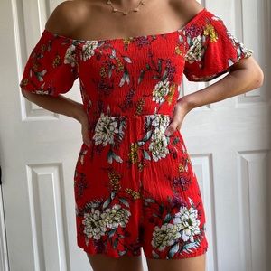Red Floral Off the Shoulder Romper